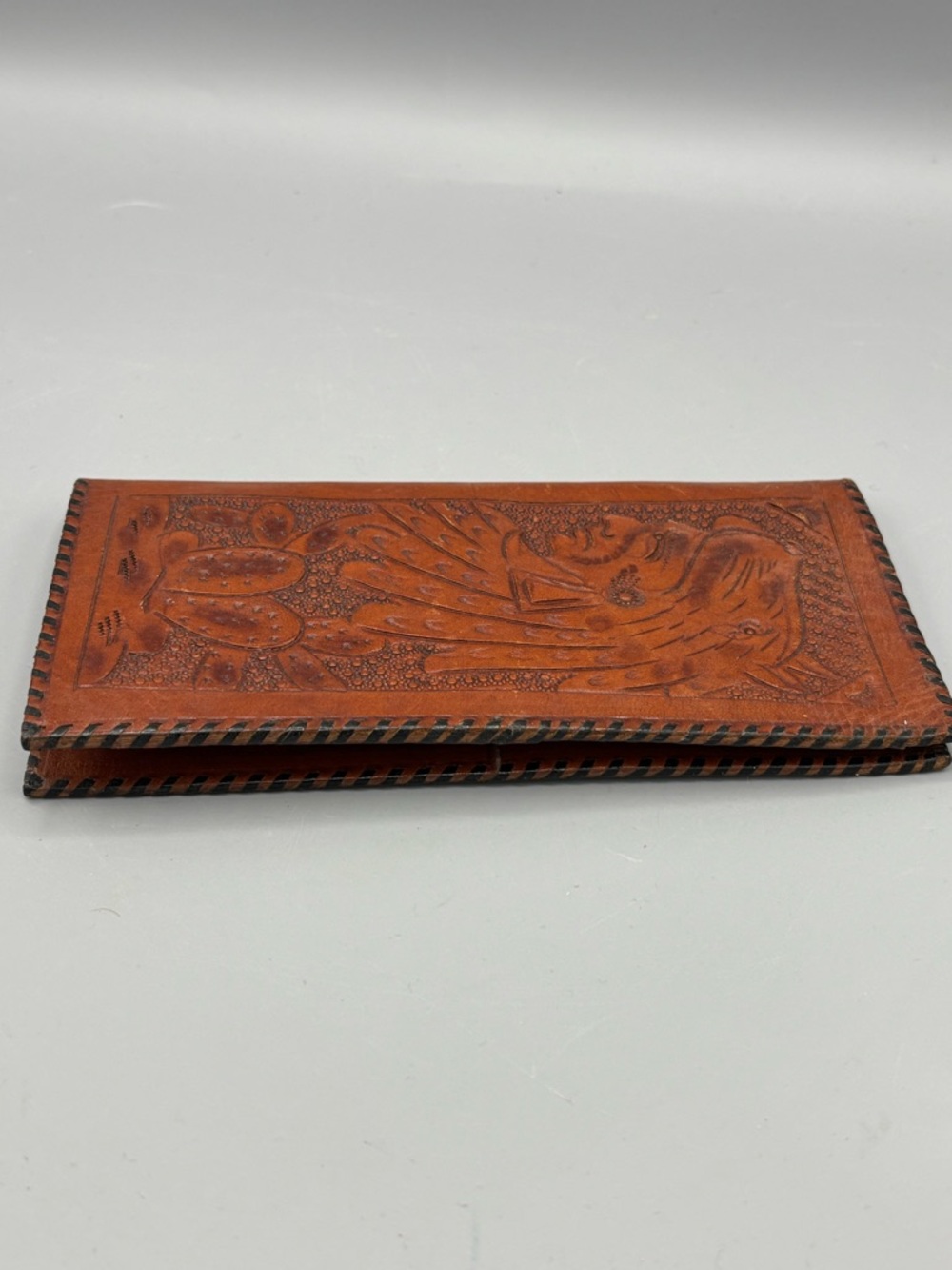 Vintage Handcrafted Tooled Leather Check Book Wallet - Burnt Orange